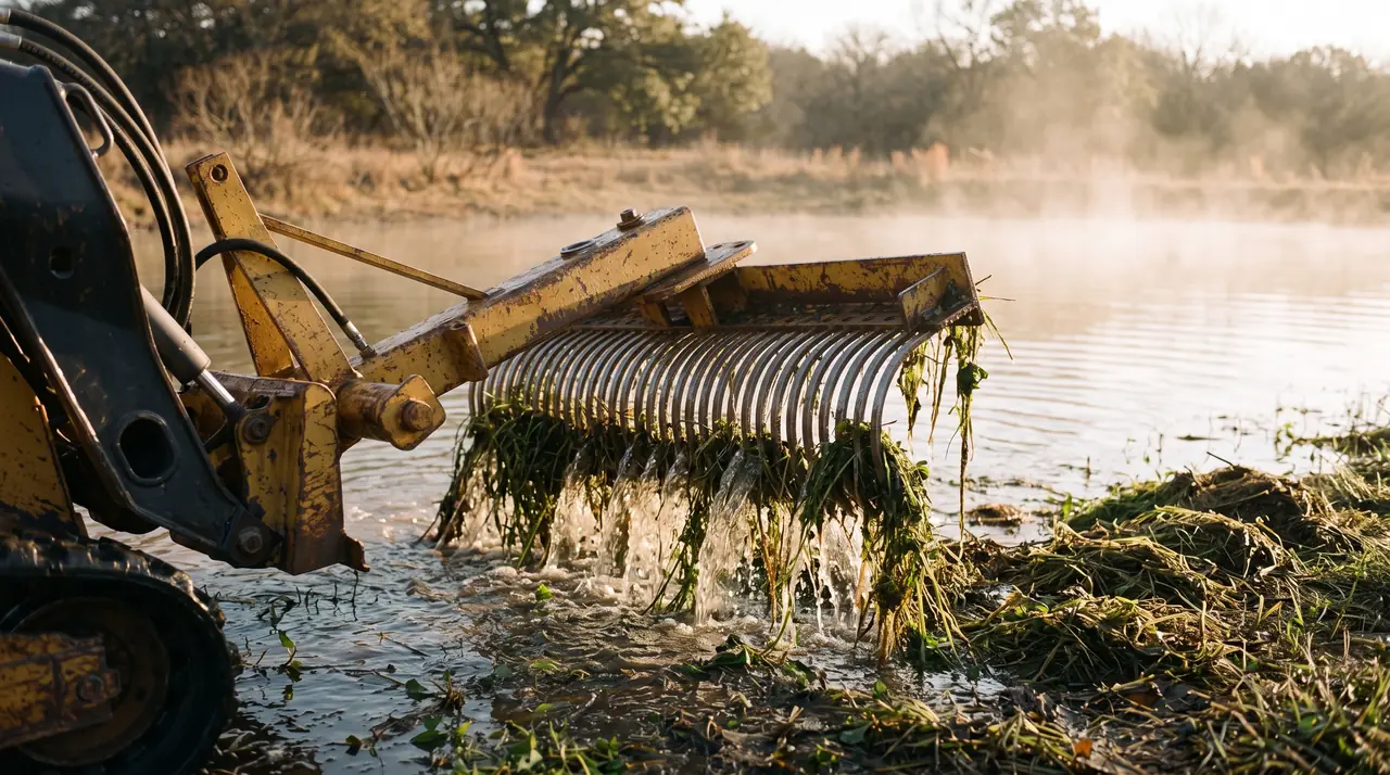 A yellow compact track loader with a rake attachment lifting aquatic weeds out of a misty pond at golden hour